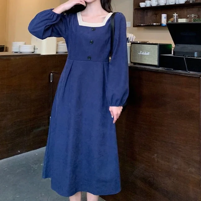 NiDELL . Autumn New Korean Style Retro Corduroy Long-Sleeved Dress Women's Slimming Square Collar Mid-Length Dress Fashion