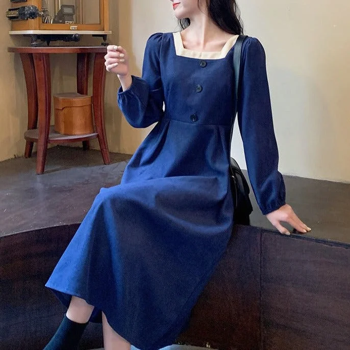 NiDELL . Autumn New Korean Style Retro Corduroy Long-Sleeved Dress Women's Slimming Square Collar Mid-Length Dress Fashion