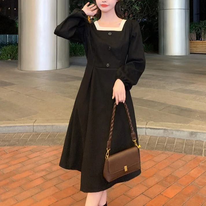 NiDELL . Autumn New Korean Style Retro Corduroy Long-Sleeved Dress Women's Slimming Square Collar Mid-Length Dress Fashion