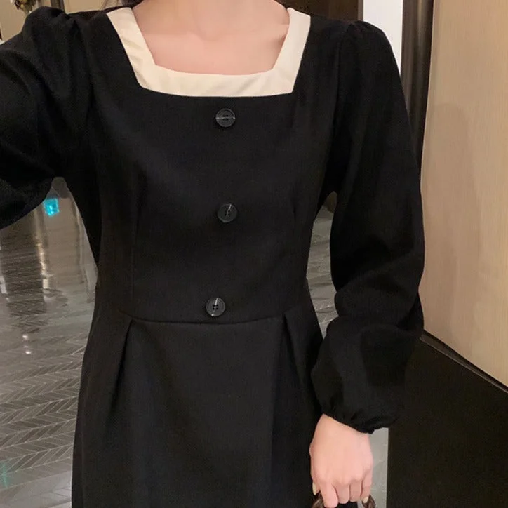 NiDELL . Autumn New Korean Style Retro Corduroy Long-Sleeved Dress Women's Slimming Square Collar Mid-Length Dress Fashion