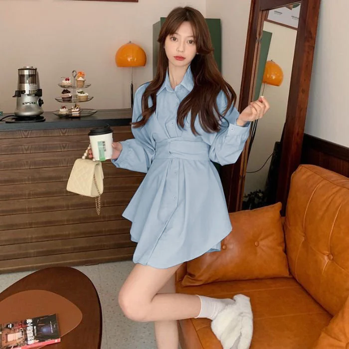 NiDELL Autumn New Korean Style Retro Hong Kong Style Shirt Skirt Shorts Two-Piece Suit Spring Sweet Cool Hot Girl Suit Female Casual Fashion