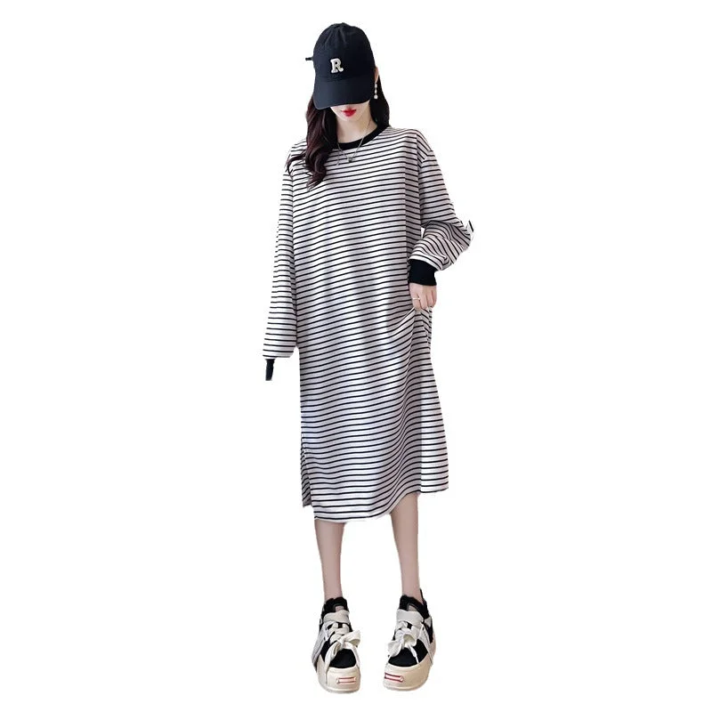 NiDELL Black and White Striped Casual Sweatshirt Dress Women's Autumn . New Tassel Idle Style T-shirt Elegant Long Dress