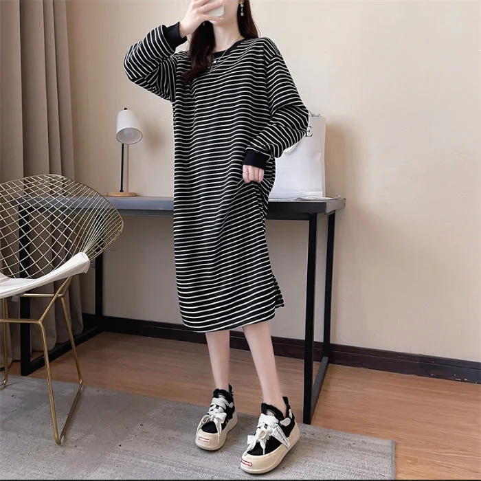 NiDELL Black and White Striped Casual Sweatshirt Dress Women's Autumn . New Tassel Idle Style T-shirt Elegant Long Dress