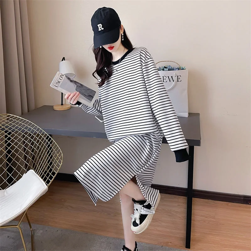 NiDELL Black and White Striped Casual Sweatshirt Dress Women's Autumn . New Tassel Idle Style T-shirt Elegant Long Dress