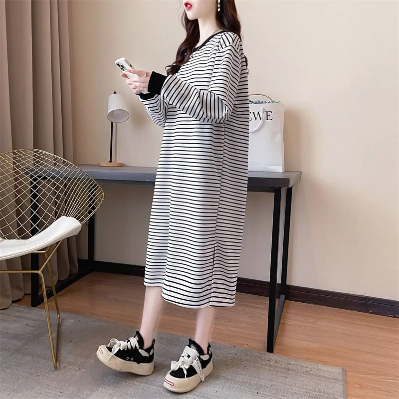 NiDELL Black and White Striped Casual Sweatshirt Dress Women's Autumn . New Tassel Idle Style T-shirt Elegant Long Dress