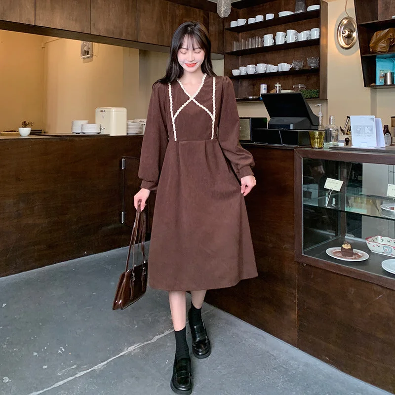 NiDELL Corduroy Dress Women's . Autumn and Winter V-neck High Waist Gentle Dress Foreign Trade Supply Wholesale