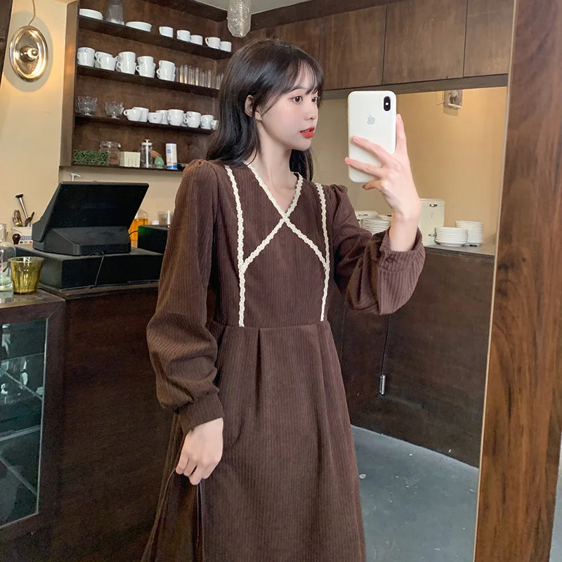 NiDELL Corduroy Dress Women's . Autumn and Winter V-neck High Waist Gentle Dress Foreign Trade Supply Wholesale