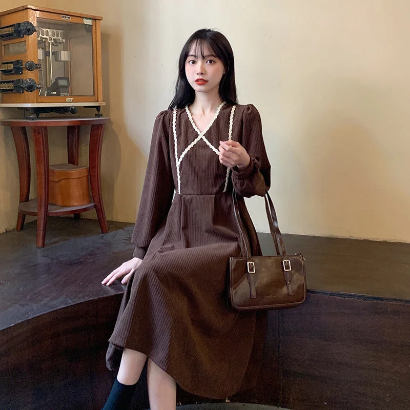 NiDELL Corduroy Dress Women's . Autumn and Winter V-neck High Waist Gentle Dress Foreign Trade Supply Wholesale