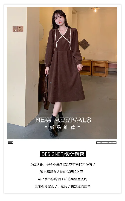 NiDELL Corduroy Dress Women's . Autumn and Winter V-neck High Waist Gentle Dress Foreign Trade Supply Wholesale