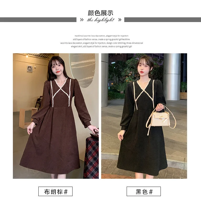 NiDELL Corduroy Dress Women's . Autumn and Winter V-neck High Waist Gentle Dress Foreign Trade Supply Wholesale