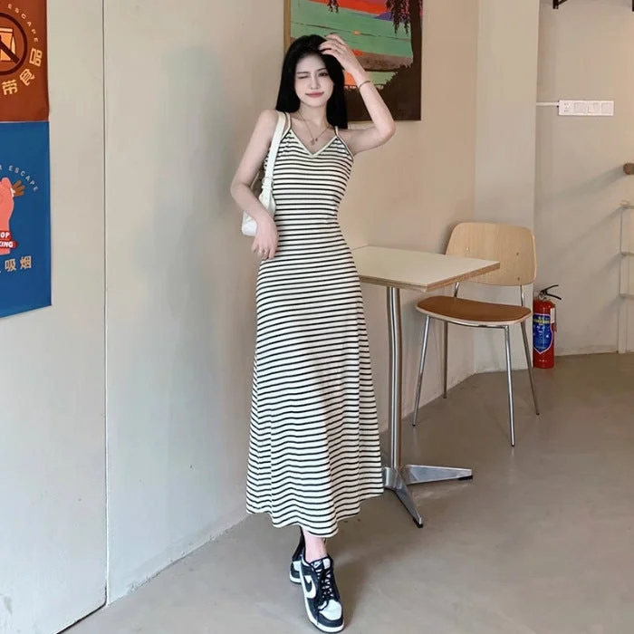 NiDELL Design Sense Outer Wear Inner Wear Suspender Dress 23 Autumn and Winter Tight Waist Slimming Slim Fit Casual Striped V-neck Dress Women