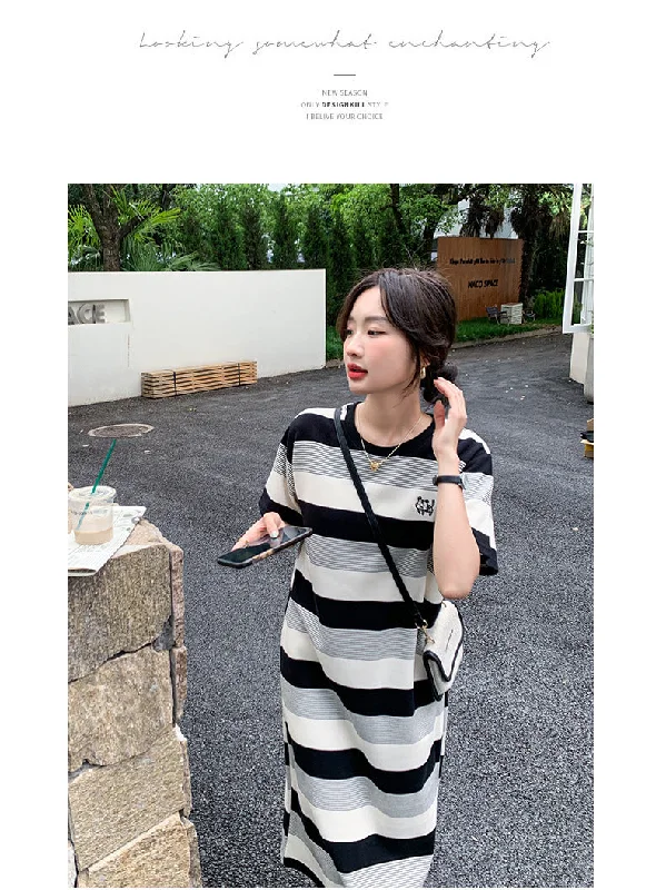 NiDELL Elegant Striped Dress . New Preppy Style Youthful-Looking Loose Internet Hot Slimming Casual T-shirt Long Dress