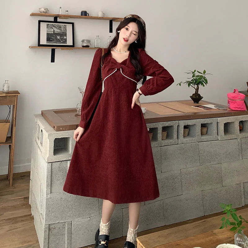 NiDELL Fall . New Korean Style Corduroy Pearl Edge Bow Waist Slimming Hepburn Style French Dress Women