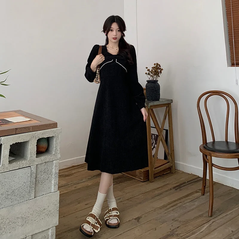 NiDELL Fall . New Korean Style Corduroy Pearl Edge Bow Waist Slimming Hepburn Style French Dress Women