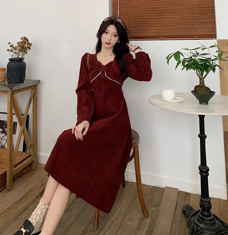 NiDELL Fall . New Korean Style Corduroy Pearl Edge Bow Waist Slimming Hepburn Style French Dress Women