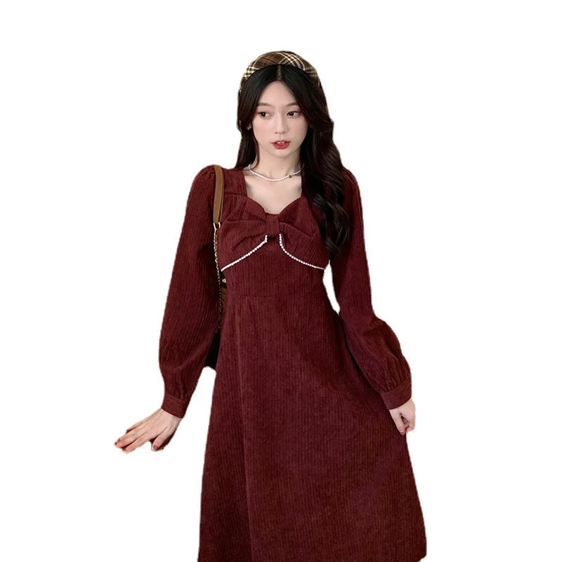 NiDELL Fall . New Korean Style Corduroy Pearl Edge Bow Waist Slimming Hepburn Style French Dress Women