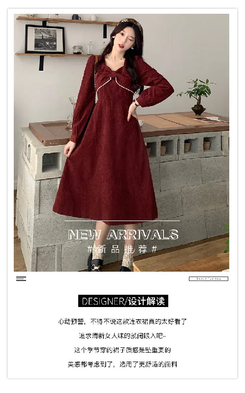 NiDELL Fall . New Korean Style Corduroy Pearl Edge Bow Waist Slimming Hepburn Style French Dress Women