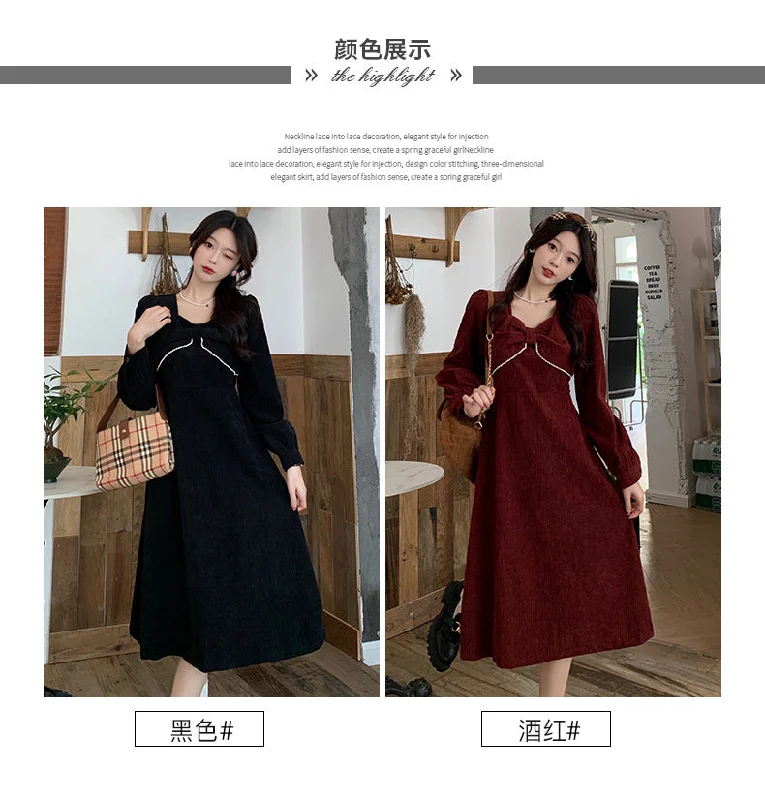 NiDELL Fall . New Korean Style Corduroy Pearl Edge Bow Waist Slimming Hepburn Style French Dress Women