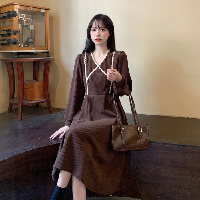 NiDELL High-End First Love Tea Break Dress Corduroy Match with Coat Long Dress Women's Autumn and Winter French Style Gentle Dress Chic