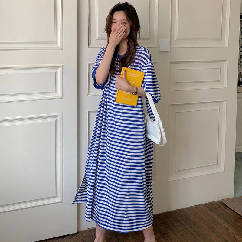 NiDELL Hong Kong Style Stripes Sloth Dress Long Belly-Covering Slimming Dress for Women . Summer Loose Large Size Instagram T-shirt Dress