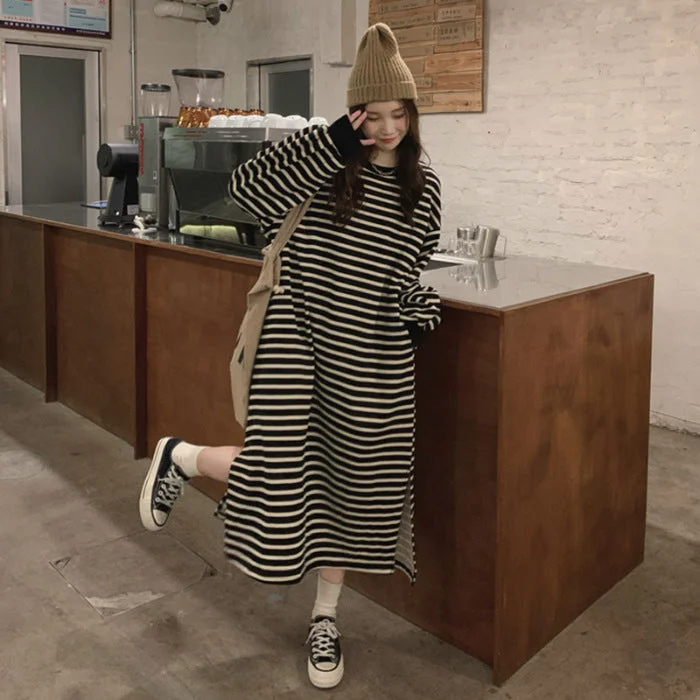 NiDELL Idle Style Button Split Black and White Striped Dress for Women Summer Loose Slimming and Straight Overknee Long T-shirt Skirt