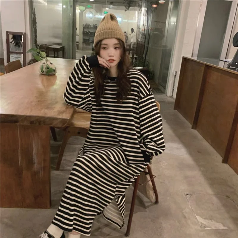 NiDELL Idle Style Button Split Black and White Striped Dress for Women Summer Loose Slimming and Straight Overknee Long T-shirt Skirt