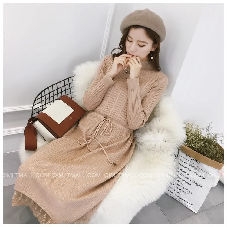 NiDELL Knitwear Mid-Length Women's Clothing . Autumn and Winter New Korean Style Small Stand-up Collar Slim Fit Pullover Dress Lace Dress