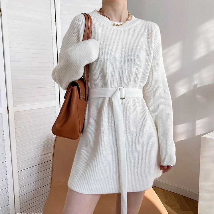 NiDELL Korean Mid-Length Pullover Sweater . New Autumn and Winter Clothes Women's Loose Lace-up Thick Vintage Knitted Dress