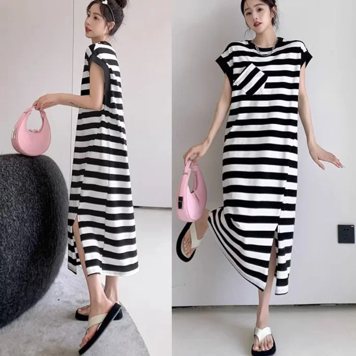 NiDELL New Korean Striped Sleeveless T-shirt Dress Women's Summer Super Long Loose over Knee plus Size Slimming Vest Dress