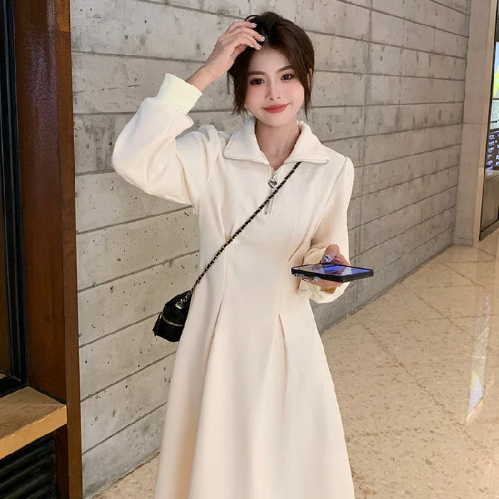 NiDELL . New Long Sleeve plus Size Temperament Waist-Controlled Slimming Long Sleeve plus Velvet Thickened High Sense Autumn and Winter Dress