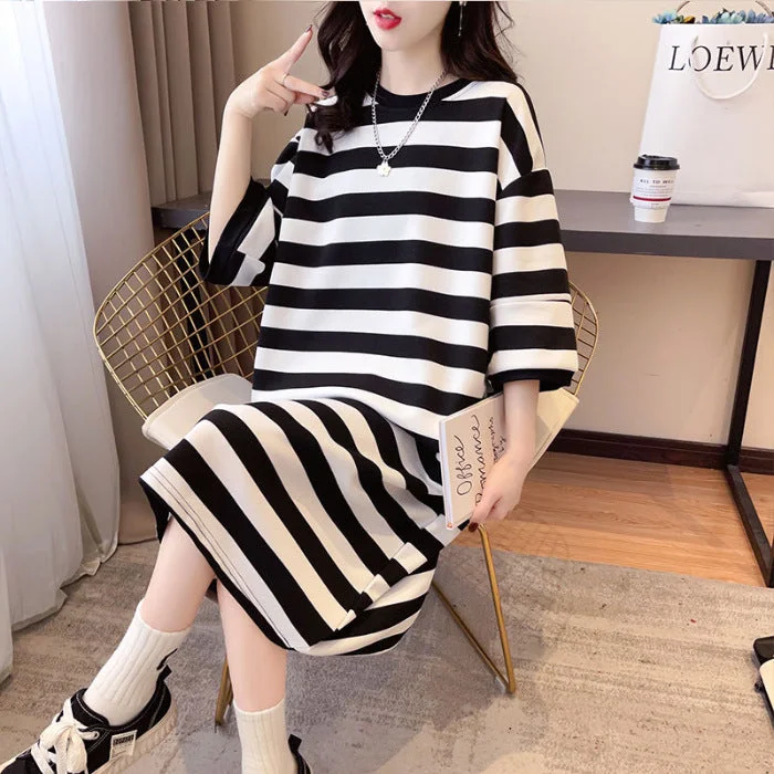 NiDELL Official Figure Zhudi 250G Spring Puff Sleeve Black and White Striped Dress Casual Loose Overknee Mid-Length Skirt