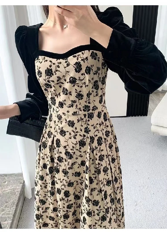 NiDELL Pleuche Patchwork Floral Dress for Women Autumn and Winter . New Waist-Tight Temperament Slimming Mid-Length Base Skirt