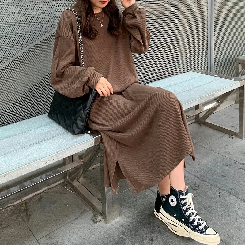 NiDELL . Spring and Autumn Korean Style New Loose plus Size below the Knee Long Style Long Sleeve Sweater Dress Women's Thickened Split Dress Fashion