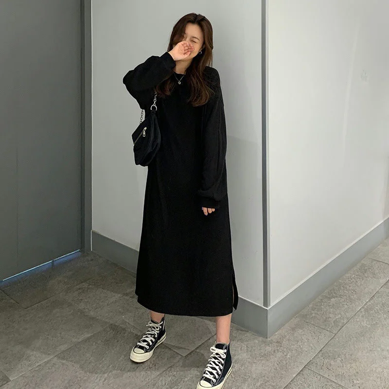 NiDELL . Spring and Autumn Korean Style New Loose plus Size below the Knee Long Style Long Sleeve Sweater Dress Women's Thickened Split Dress Fashion