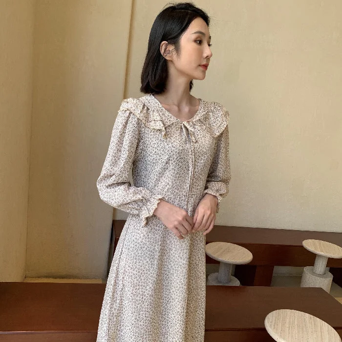 NiDELL . Spring New French Style Retro Peter Pan Collar Long Sleeve Floral Dress Women Chic Gentle Sweet Dress