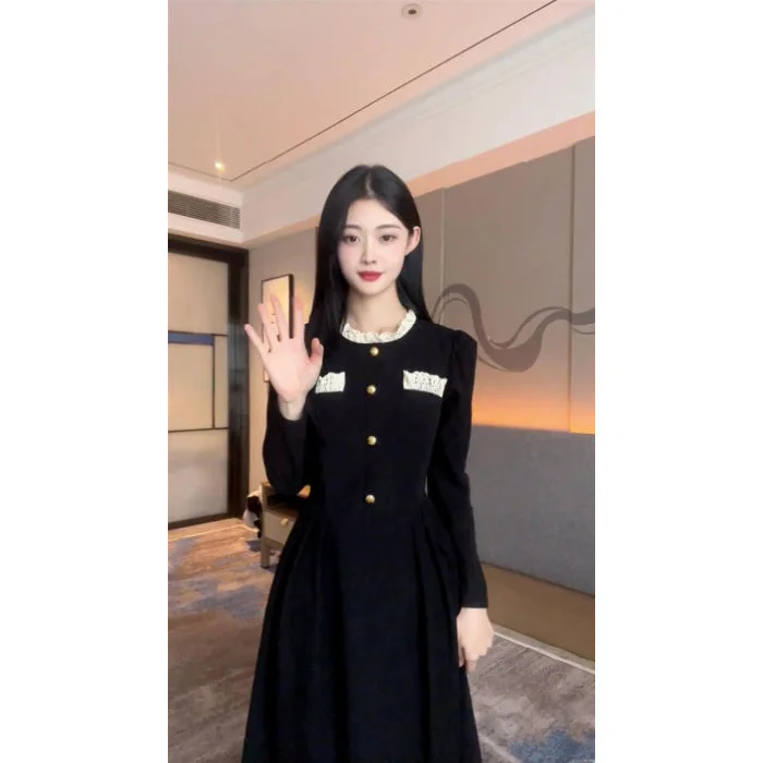 NiDELL Spring . New Hepburn Style French Style Black Dress Women's Autumn and Winter Rich Home Valuable False Daughter Kafuu Long Dress