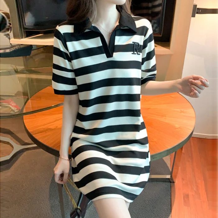 NiDELL Striped Polo Dress for Women Summer . New Preppy Style Small Loose Casual Short Sleeve T-shirt Skirt