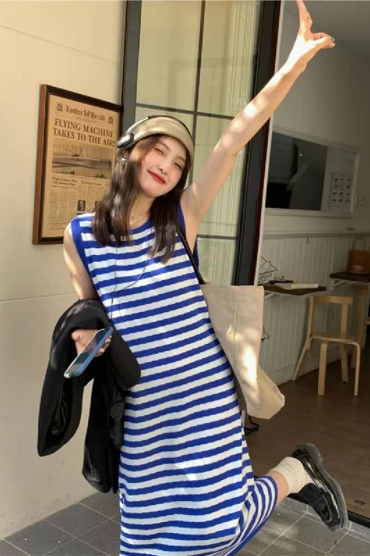 NiDELL Striped Spaghetti Straps Dress for Women . Spring and Summer High-Grade Black Dress Slim Fit Slimming Small Long Skirt Fashion