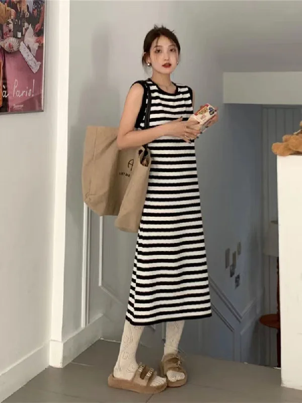 NiDELL Striped Spaghetti Straps Dress for Women . Spring and Summer High-Grade Black Dress Slim Fit Slimming Small Long Skirt Fashion