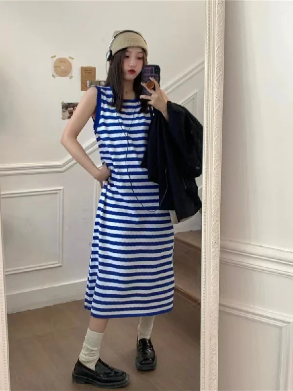 NiDELL Striped Spaghetti Straps Dress for Women . Spring and Summer High-Grade Black Dress Slim Fit Slimming Small Long Skirt Fashion