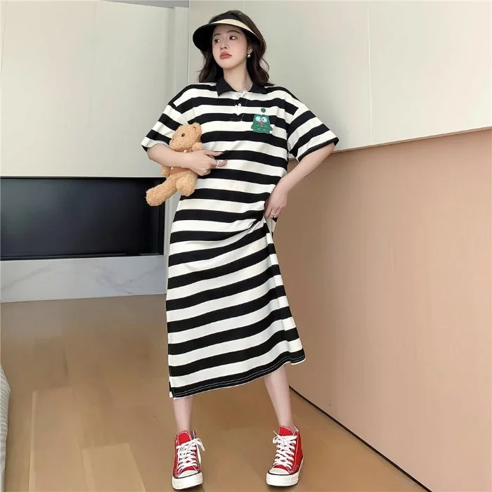 NiDELL Summer High-Grade Pique Fabric Bag Collar College Style Polo Lapel Dress Embroidered Striped Loose Large Size