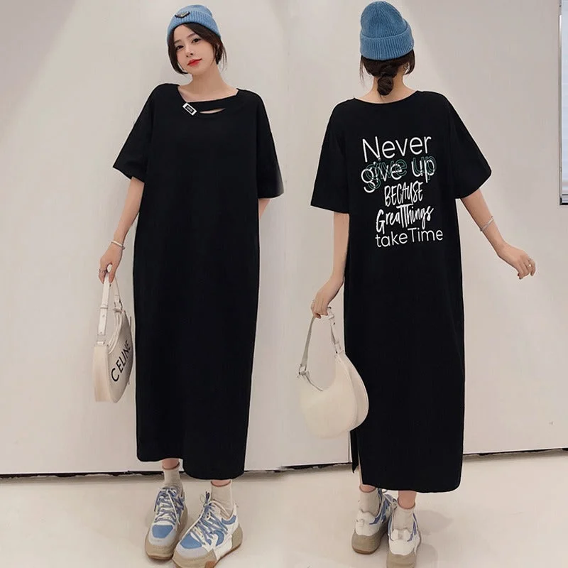 NiDELL Summer New Heel Wrapped Collar Pocket Purified Cotton over the Knee Dress Design Short Sleeve Large Size Casual T-shirt Long Dress