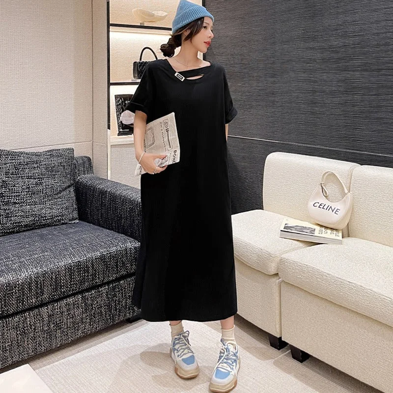 NiDELL Summer New Heel Wrapped Collar Pocket Purified Cotton over the Knee Dress Design Short Sleeve Large Size Casual T-shirt Long Dress