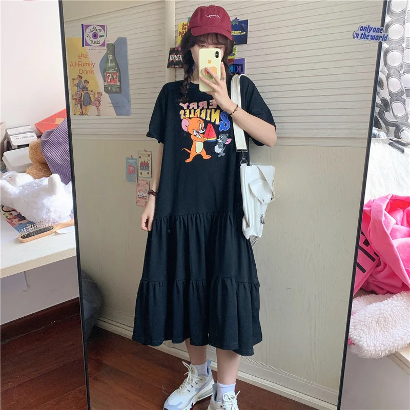 NiDELL . Summer New Korean Style Cute Youth-Looking Student Crew Neck Cartoon Printed Short Sleeve T-shirt Skirt Dress Wholesale