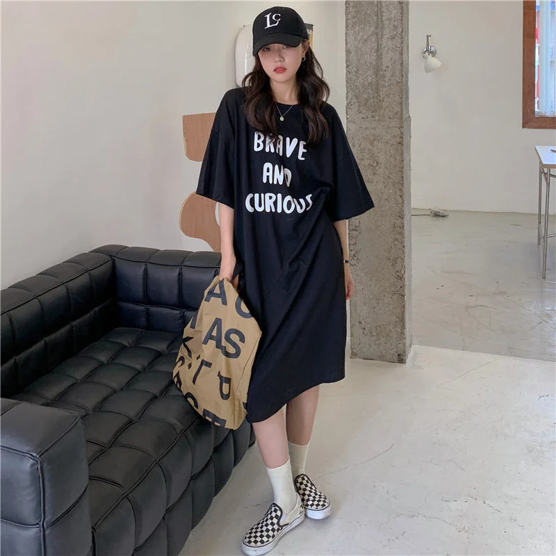 NiDELL . Summer New Korean Style Letter Print Slit Hemline at Hem Dress Loose Short Sleeve T-shirt Skirt Women's Ins Fashion