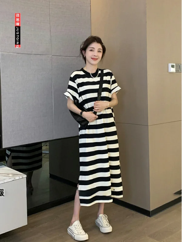 NiDELL Summer Pearl Striped Faux Pocket Slit Loose Long T-shirt Dress Korean Simple Casual Straight-Leg Dress