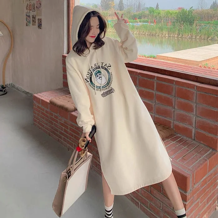 NiDELL Winter Composite Large Sweater Fleece Pocket Fleece-Lined Korean Style Sweater Dress Split Hooded Dress Double Hood Trendy Women's Fashion