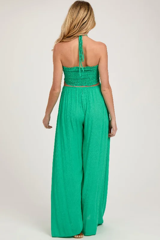 Green Smocked Drawstring Halter Side Cutout Maternity Jumpsuit