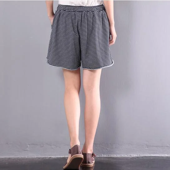 baggy-stylish-navy-striped-pants-plus-size-cotton-elastic-waist-shorts