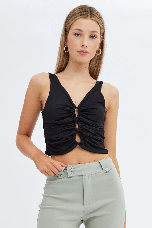 Black Bralette Crop Top V Neck Keyholes Details